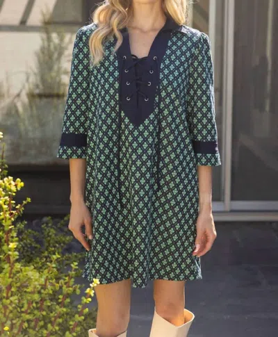 Voy Collared Floral Diamonds With Lace Up Dress In Green