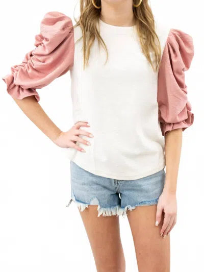Voy Color Block Puff Sleeve Top In Pink And White In Multi