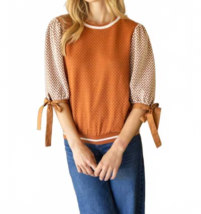 Voy Color Block Textured Knit Bow Tie Sleeve Top In Camel In Brown