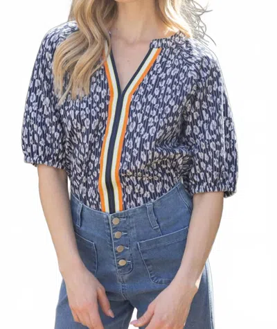 Voy Contrast Placket Floral And Stripe Textured Knit Top In Navy In Blue