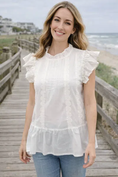 Voy Crew Neck Ruffle Sleeve Top In White
