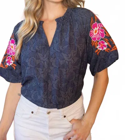 Voy Embroidered Raglan Sleeve Floral Textured Top In Navy In Blue