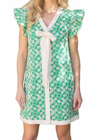 Voy Embroidered Ruffle Sleeve Contrast Ribbon Dress In Green