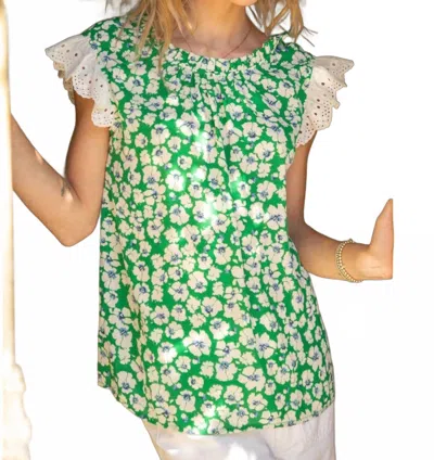 Voy Emerald Isle Eyelet Ruffle Sleeve Print Top In Green