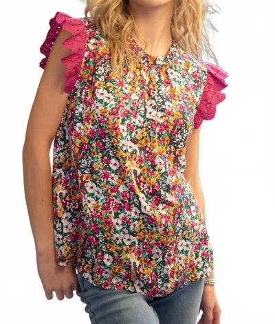 Voy Eyelet Ruffle Sleeve Print Top In Raspberry In Multi