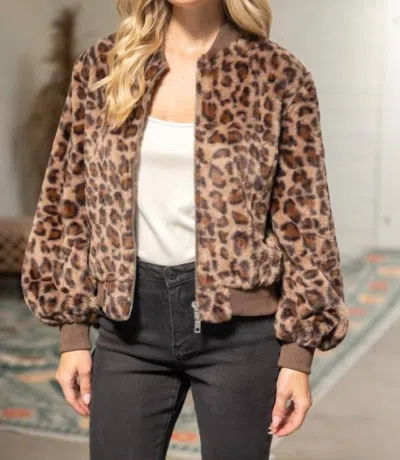Voy Faux Fur Bomber Jacket In Leopard In Blue