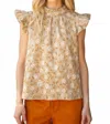 Voy Fiona Ruffle Sleeve Floral Top In Taupe In Brown