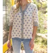 Voy Floral Contrast Print Button Up Top In Slate Blue In White