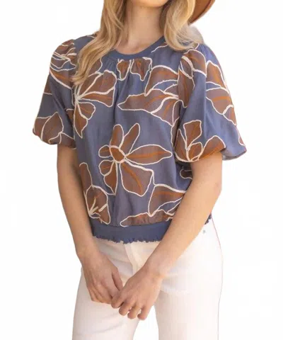 Voy Floral Embroidered Bubble Sleeve Top In Blue Floral