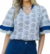 Voy Floral Embroidered Ruffle Accent Shirt In Navy Blue In Blue
