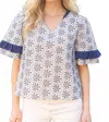 Voy Floral Embroidered Ruffle Accent Top In Navy In Multi