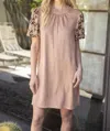Voy Floral Embroidered Short Sleeve Suede Dress In Brown In Brown