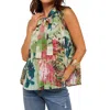 Voy Floral Print Sleeveless Pleated Tie Top In Green Multi In Multi
