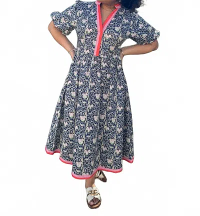 Voy Floral Print Midi Dress With Contrast Stripe In Navy In Blue