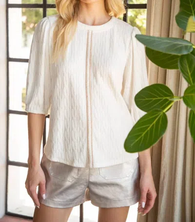 Voy Front Trim Detailed Puff Sleeve Knit Top In Ivory In White