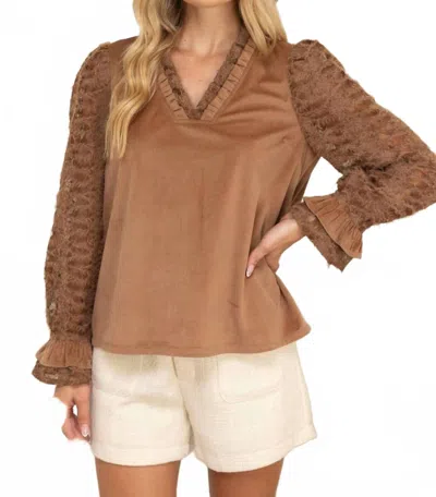 Voy Fuzzy Lace Long Sleeve Ruffle Detailed Corduroy Top In Brown
