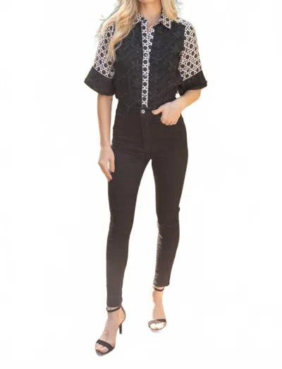 Voy Ginny Floral Textured Button-up Top In Black