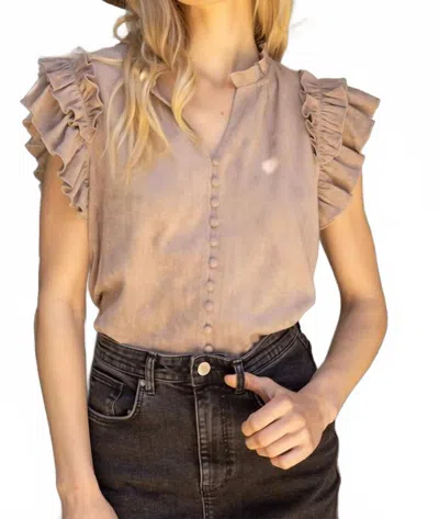 Voy Imagine It All Ruffle Sleeve Suede Top In Taupe In Brown