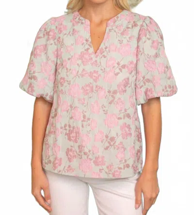 Voy Jacquard Floral Puff Sleeve Blouse In Pink In Multi