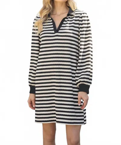 Voy Kristy Collared Long Sleeve Striped Knit Dress In Black/white