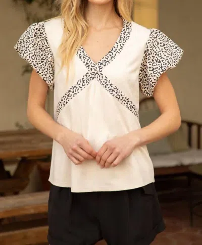 Voy Leopard Suede Bubble Sleeve Top In Cream