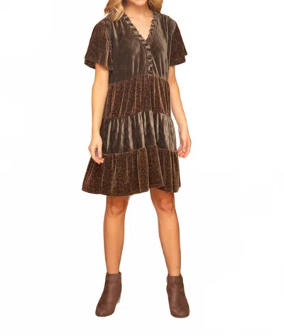 Voy Leopard Velvet Mix Match Tiered Dress In Olive Green In Brown