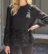 Voy Long Sleeve Mixed Sequence Top In Black In Black