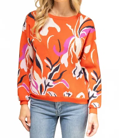 Voy Long Sleeve Oversized Floral Sweater Top In Orange