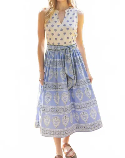 Voy Mixed Print Waist Tie Sleeveless Midi Dress In Slate Blue In Multi