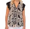 Voy Piasley Embroidered Front Self Tie Tassled Top In Black In Black