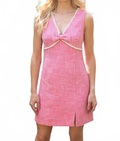 Voy Pearl Detailed Bow Tweed Dress In Pink