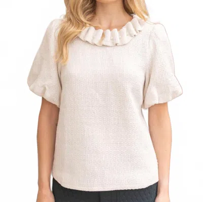 Voy Pearled Ruffle Neckline Top In Cream In White