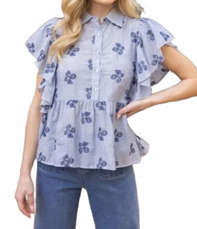 Voy Peplum Floral And Striped Short Ruffle Sleeve Top In Blue In Gray