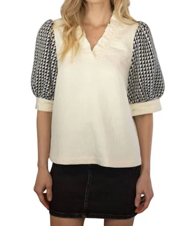 Voy Printed Sleeve Ruffle V-neck Textured Top In Ivory In Multi