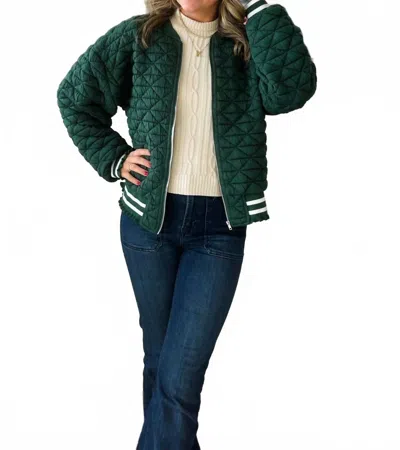 Voy Quilted Striped Accent Band Bomber Jacket In Green In Blue