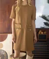Voy Raid Neck Double Pocket Tweed Dress In Camel In Brown