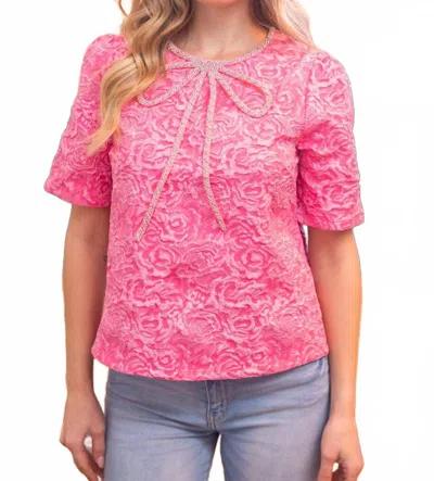 Voy Rhinestone Bow Shape Floral Jacquard Top In Hot Pink