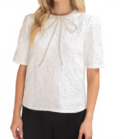 Voy Rhinestone Bow Shape Floral Jacquard Top In White In Transparent