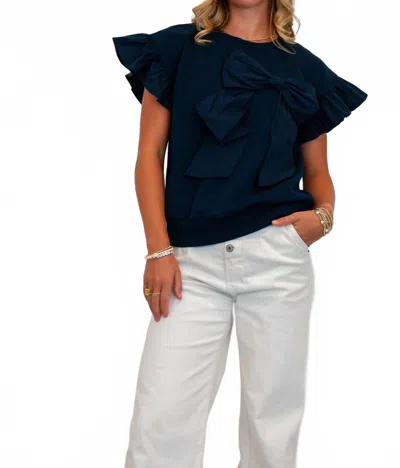 Voy Ribbon Ruffle Sleeve Top In Navy In Blue