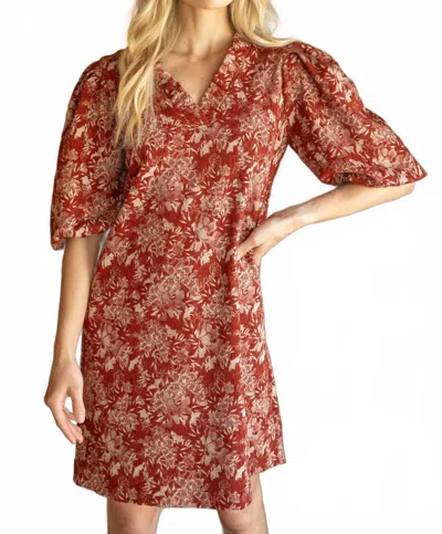 Voy Ruffle Neckline Bubble Sleeve Dress In Burgundy
