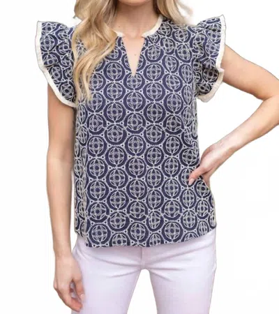 Voy Sandra Flutter Sleeve Top In Navy In Blue