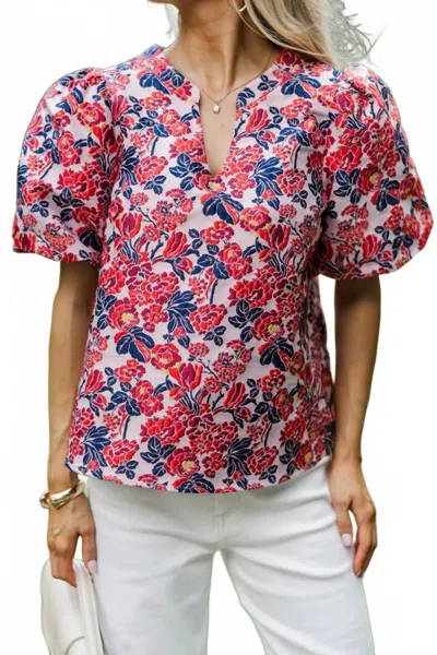 Voy Short Bubble Sleeve Floral Jacquard Top In Red In Multi