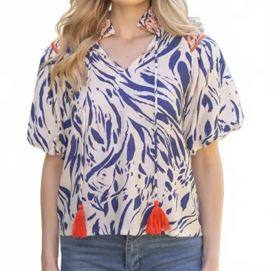 Voy Shoulder Detail Smocked Neck Top In Blue