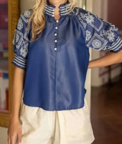 Voy Smocked Band Floral Top In Chambray In Yellow