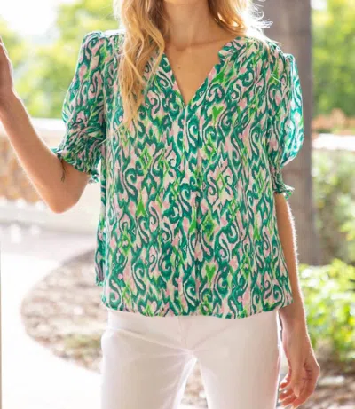 Voy Smocked Puff Sleeve Pleat Front Print Top In Green