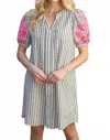 Voy Split Neck Cabana Dress In Green Stripe In Gray