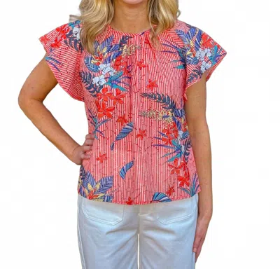 Voy Sunlit Garden Embroidered Top In Red Stripe In Multi