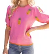 Voy Sunny Pineapple Puff Sleeve Knit Top In Pink