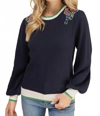 Voy Tessa Tiger Knit Top In Navy In Blue
