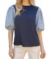Voy Tweed Puff Sleeve Knit Top In Navy